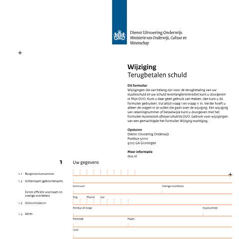 Documentvoorvertoning: Wijziging terugbetalen schuld — DUO — Formulieren terugbetalen studieschuld, Nederland
