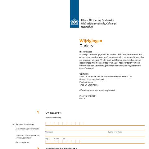 Documentvoorvertoning: Wijzigingen ouders — DUO — Formulieren studiefinanciering mbo, Nederland