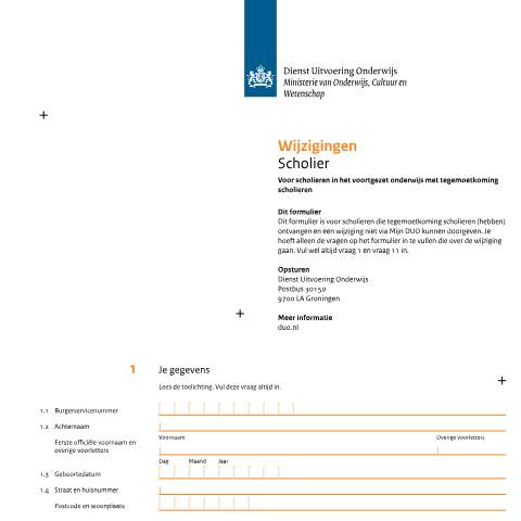 Documentvoorvertoning: Wijzigingen scholier — DUO — Formulieren tegemoetkoming scholieren, Nederland