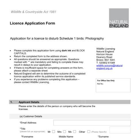 Document preview: Wild birds: apply for a licence to disturb them for photography (A28) — Natural England, United Kingdom