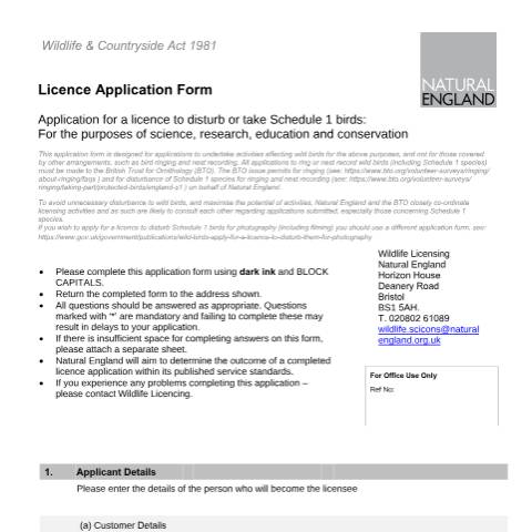 Document preview: Wild birds: apply for a licence to disturb Schedule 1 birds for science or conservation (A27) — Natural England, United Kingdom