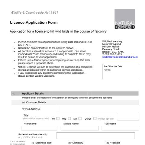 Document preview: Wild birds: apply for a licence to kill wild birds for falconry (A41 and LR41) — Natural England, United Kingdom