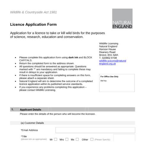 Document preview: Wild birds: licence to disturb, kill or take birds for science or conservation of the species (A33 and LR33) — Natural England, United Kingdom