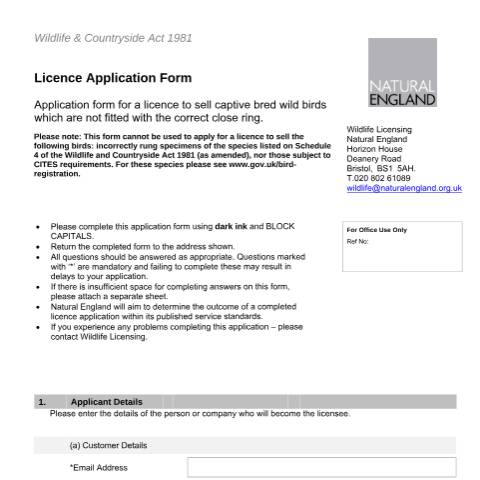 Document preview: Wild birds: licence to sell them without the correct rings (A20 and LR20) — Natural England, United Kingdom