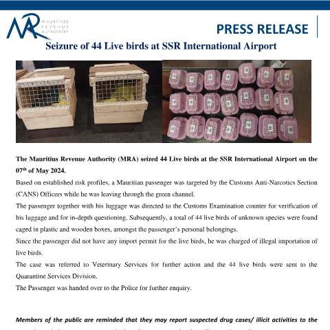Document preview: Seizure of 44 Live birds at SSR International Airport (09.05.24) — Document, Mauritius (CERFA n°PressRelease090524)