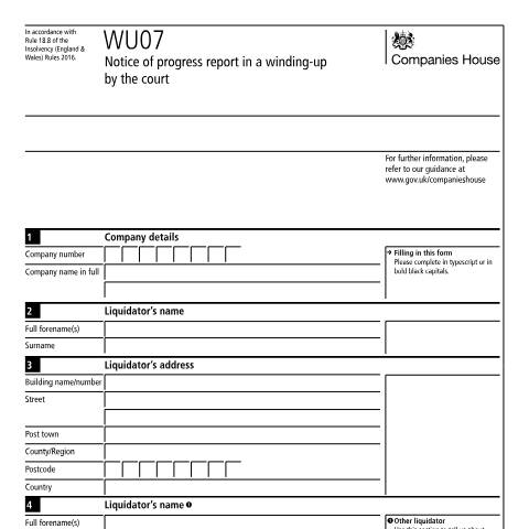 Document preview: Give notice of a progress report in a winding-up by the court (WU07) — Companies House, United Kingdom