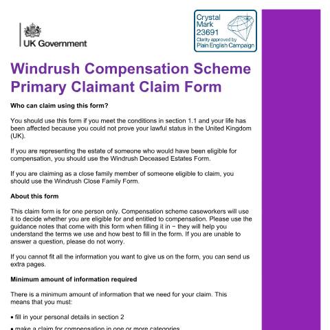 Document preview: Windrush Compensation Scheme: claim forms and guidance — UK Visas and Immigration, United Kingdom
