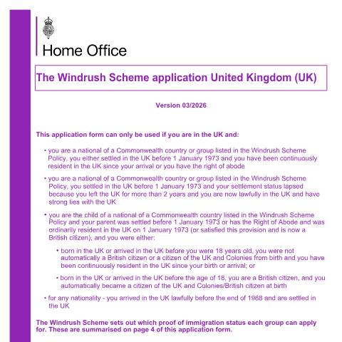 Document preview: Windrush Scheme application form (UK) — Home Office, UK Visas and Immigration, United Kingdom
