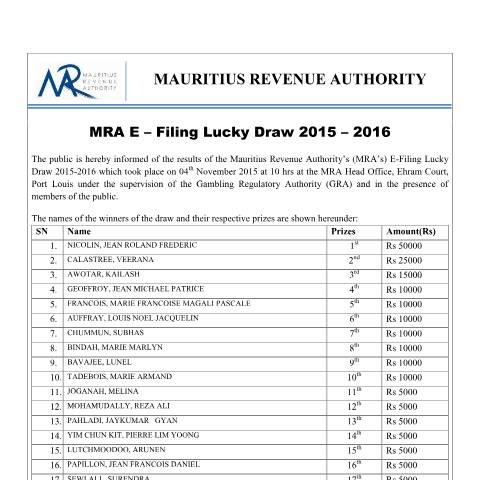 Document preview: Winners of the E-Filing Lucky Draw 2015 - 2016 (04.11.15) — Document, Mauritius (CERFA n°eFiling20152016-041115)