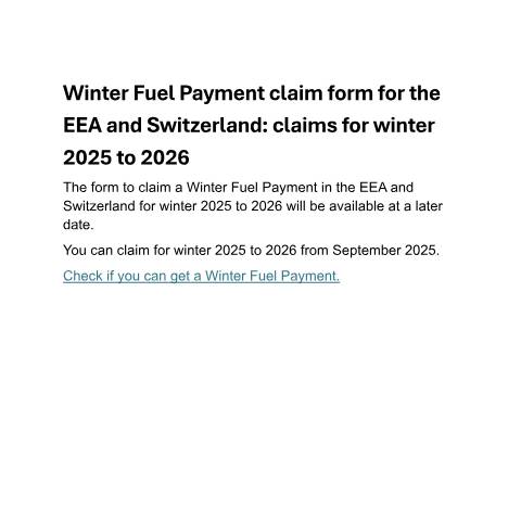 Document preview: Winter Fuel Payment claim form: EEA and Switzerland — Department for Work and Pensions, United Kingdom