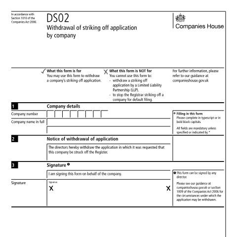 Document preview: Withdraw a striking off application by company (DS02) — Companies House, United Kingdom