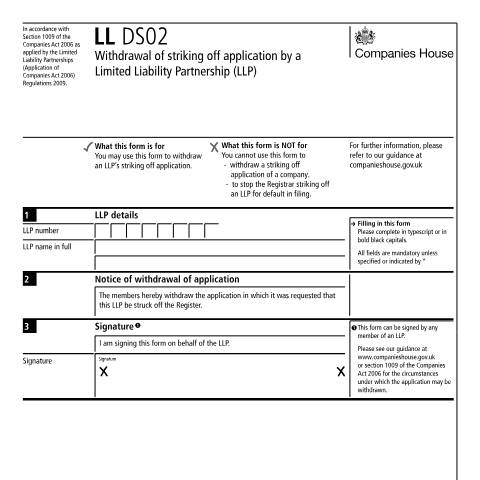 Document preview: Withdraw striking off application: limited liability partnership (LL DS02) — Companies House, United Kingdom