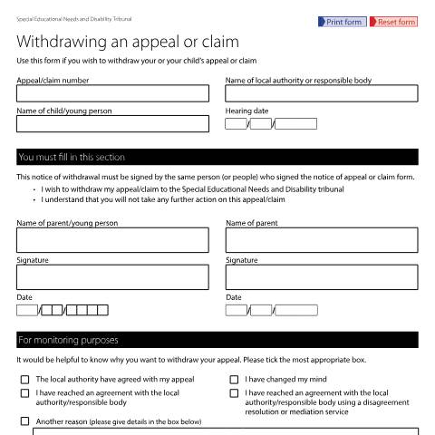 Document preview: Withdraw an appeal or claim: Form SEND8 — HM Courts & Tribunals Service, United Kingdom