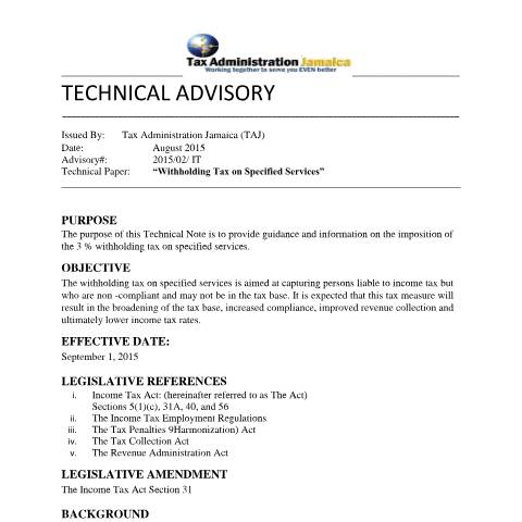 Document preview: 2015.2.IT - Withhodling Tax on Special Services — Document, Jamaica (CERFA n°2015+02+it+-+wtss+2+)