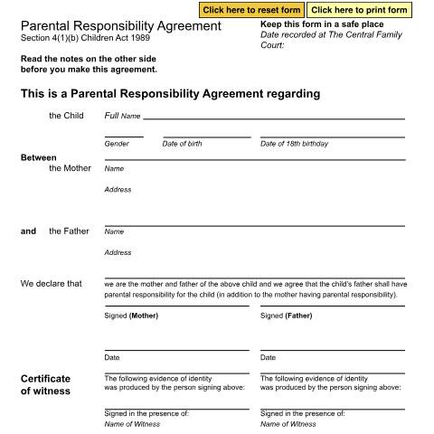 Document preview: Ask the court to witness your parental responsibility agreement: Form C(PRA1) — HM Courts & Tribunals Service, United Kingdom
