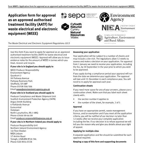 Document preview: WMP5: Application form approved authorised treatment facility (AATF) — Environment Agency, United Kingdom