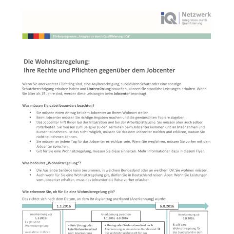 Dokumentvorschau: dok_ba022445 — Öffnet in neuem Tab Flyer zur Wohnsitzregelung bei Bezug von Arbeitslosengeld II Informationen für anerkannte Geflüchtete, Asyl- oder sonstige Schutzberechtigte pdf | 135.52 KB | nicht barrierefrei — Familienkasse/dok, Deutschland (CERFA n°dok_ba022445)