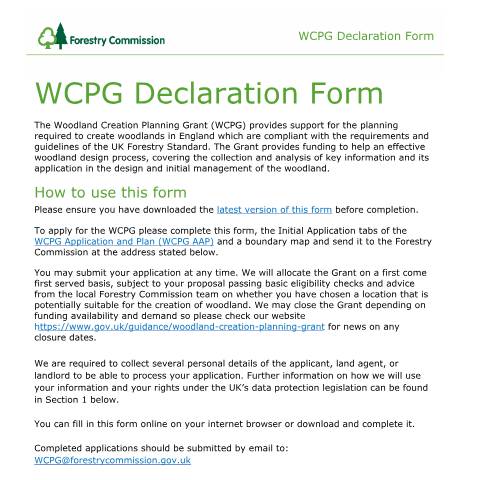 Document preview: Woodland Creation Planning Grant application form — Forestry Commission, United Kingdom