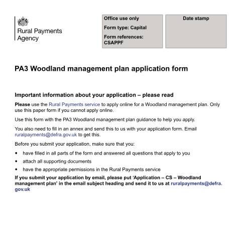 Document preview: PA3 Woodland management plan application form — Rural Payments Agency, United Kingdom