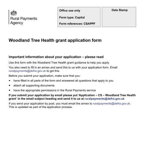 Document preview: Woodland Tree Health grant application form — Rural Payments Agency, United Kingdom