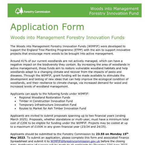 Document preview: Woods into Management Forestry Innovation Funds application form 2023 — Forestry Commission, United Kingdom