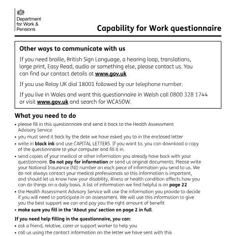 Document preview: WCA50 form: Capability for work questionnaire — Department for Work and Pensions, United Kingdom