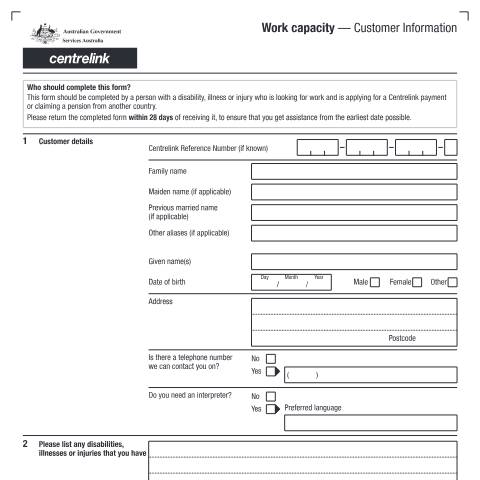 Document preview: Work Capacity - Customer information — Services Australia — Individuals (by code), Australia (CERFA n°AUS142)