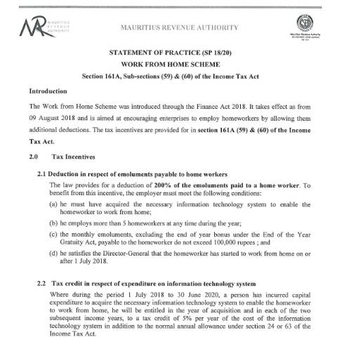 Document preview: SP 18/20 — Document, Mauritius (CERFA n°SP18-20-WorkFromHome)