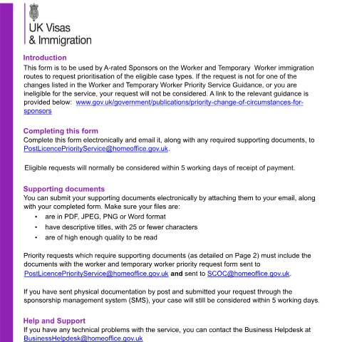 Document preview: Worker and Temporary Worker priority service request form — UK Visas and Immigration, United Kingdom
