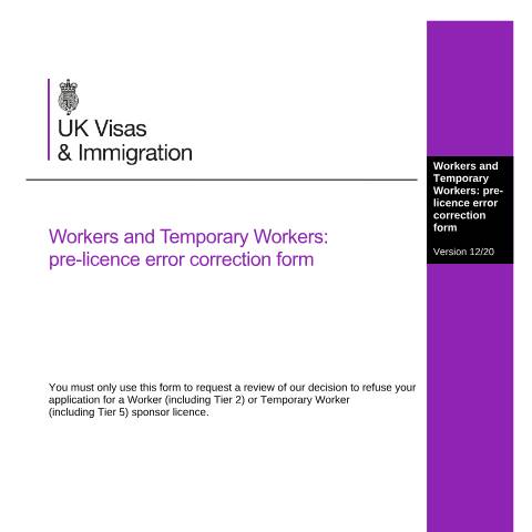 Document preview: Workers and Temporary Workers pre-licence error correction form — UK Visas and Immigration, United Kingdom