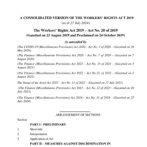 Document preview: A Consolidated Version of the Workers’ Rights Act 2019 as at 27 July 2024 — Act / Law, Mauritius (CERFA n°A-Consolidated-Version-of-the-Workers-Rights-Act-2019-as-at-27-July-2024)