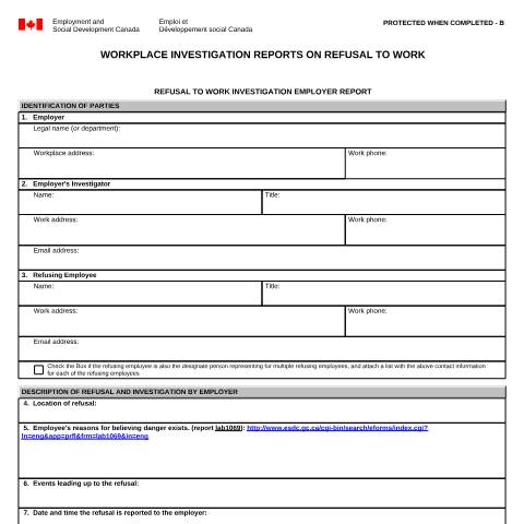 Document preview: Workplace Investigation Reports on Refusal to Work — Labour, Canada (CERFA n°LAB1184)