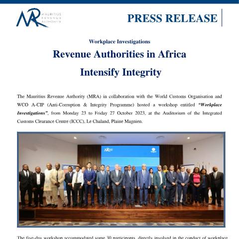 Document preview: Workplace Investigations : Revenue Authorities in Africa Intensify Integrity (26.10.23) — Document, Mauritius (CERFA n°PressRelease261023)