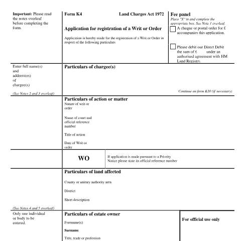 Document preview: Writ or Order registration: application (K4) — HM Land Registry, United Kingdom