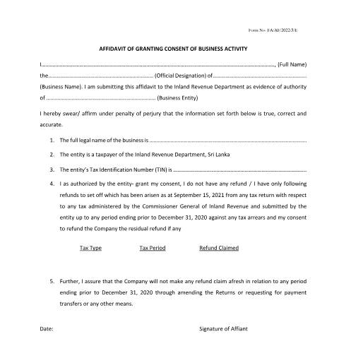 Document preview: Affidavit - Business Entity — Write off the Default Tax, Sri Lanka