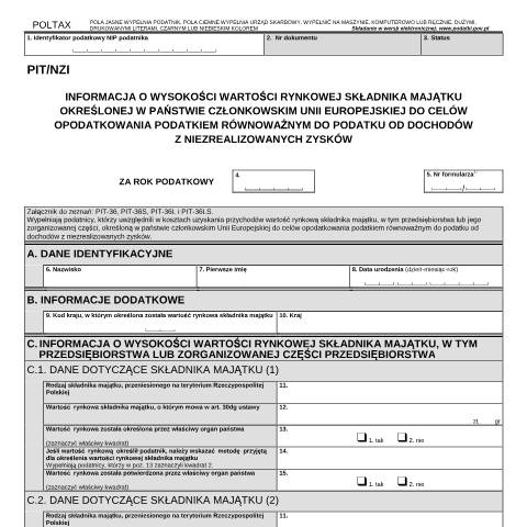 Document preview: Informacja o wysokości wartości rynkowej składnika majątku określonej w państwie członkowskim Unii Europejskiej do celów opodatkowania podatkiem równoważnym do podatku od dochodów z niezrealizowanych zysków — PIT, Polska (CERFA n°PIT/NZI)