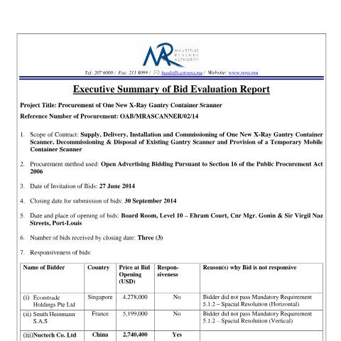 Document preview: X-Ray Scanner - Summary of Bid Evaluation Report (10.06.15) — Publication, Mauritius (CERFA n°ScannerReport100615)
