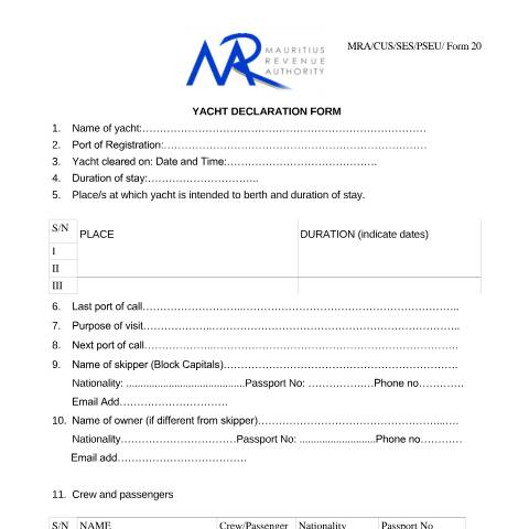 Document preview: Yatch Declaration Form — Form, Mauritius (CERFA n°Form20YachtDeclaration)