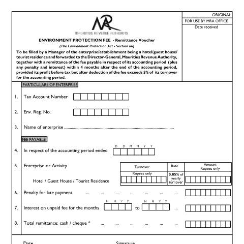 Document preview: Yearly Payment - Hotel / GuestHouse/ Tourist Residence - for period up to December 2014 — Document, Mauritius (CERFA n°EPF2012hotel)