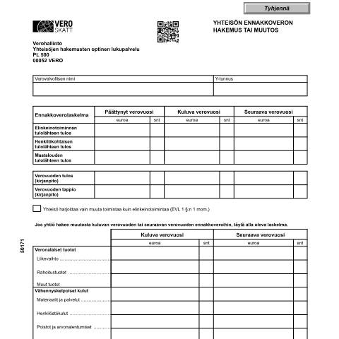 Document preview: Yhteisön ennakkoveron hakemus/muutos (5017) — Yhteisön ennakkoveron hakemus/muutos (5017), Suomi (CERFA n°Vero 5017)