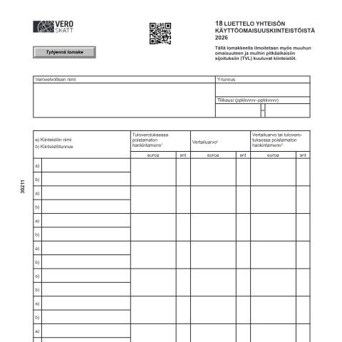 Document preview: 18 Luettelo yhteisön käyttöomaisuuskiinteistöistä (3021) — 18 Luettelo yhteisön käyttöomaisuuskiinteistöistä (3021), Suomi (CERFA n°Vero 3021)