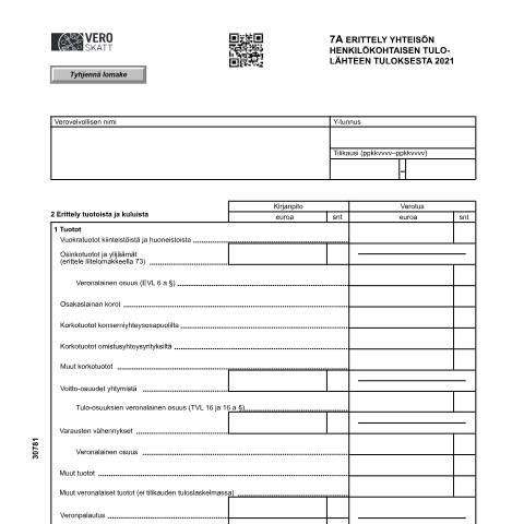 Document preview: 7A Erittely yhteisön henkilökohtaisen tulolähteen tuloksesta (3078) — 7A Erittely yhteisön henkilökohtaisen tulolähteen tuloksesta (3078), Suomi (CERFA n°Vero 3078)