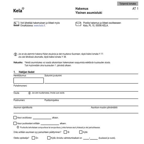 Document preview: Hakemus - Yleinen asumistuki — Asuminen, Suomi (CERFA n°Kela AT 1)