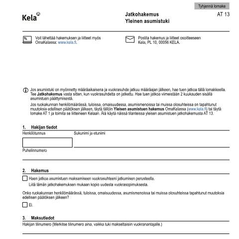 Document preview: Jatkohakemus - Yleinen asumistuki — Asuminen, Suomi (CERFA n°Kela AT 13)
