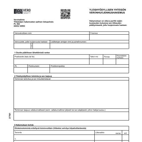 Document preview: Yleishyödyllisen yhteisön veronhuojennushakemus (3776) — Yleishyödyllisen yhteisön veronhuojennushakemus (3776), Suomi (CERFA n°Vero 3776)