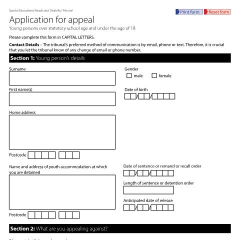 Document preview: Appeal form - young person under 18 detained in youth accommodation: Form SEND28A — HM Courts & Tribunals Service, United Kingdom