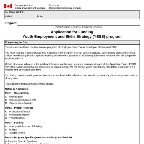 Document preview: Application for Funding - Youth Employment and Skills Strategy (YESS) program — Employment and Social Development Canada, Canada (CERFA n°EMP5717)