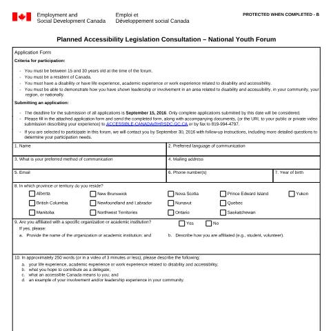 Document preview: Consultation on Planned Accessibility Legislation - National Youth Forum — Employment Programs, Canada (CERFA n°EMP5618)