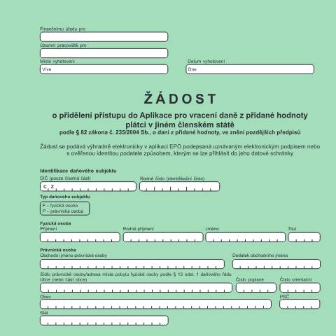 Document preview: Žádost o přidělení přístupu do Aplikace pro vracení daně z přidané hodnoty plátcům v jiných členských státech — Daň z přidané hodnoty — Všeobecné, Česko (CERFA n°25 5263)