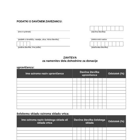 Document preview: Zahteva za namenitev dela dohodnine za donacije — Dohodnina, Slovenija (CERFA n°Doh-Don)